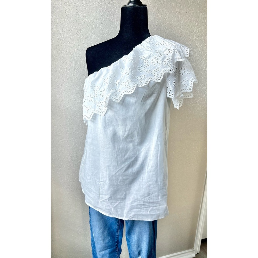 White one shoulder, eyelet top